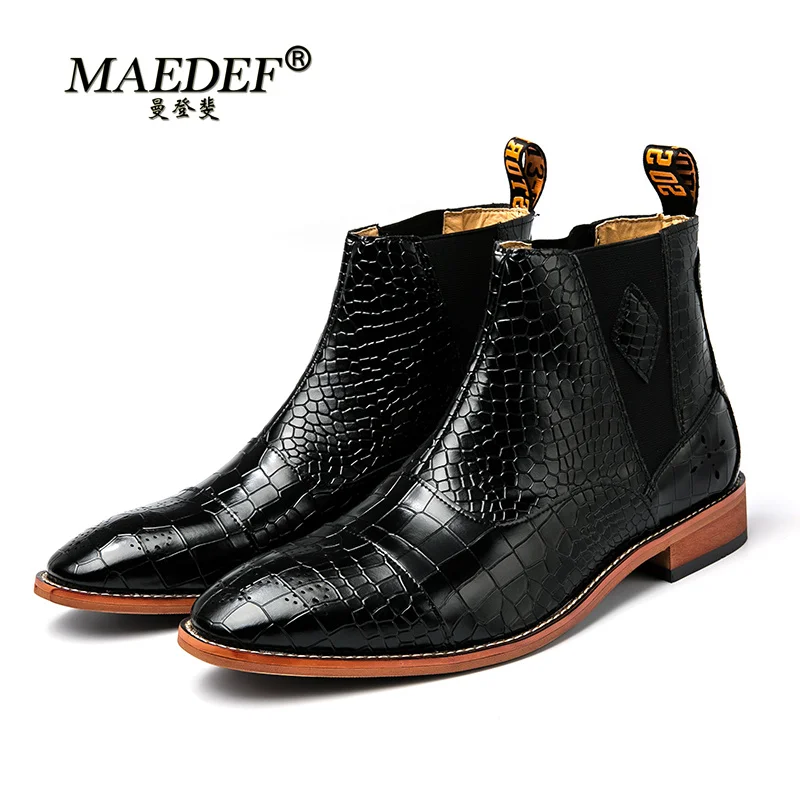 

MAEDEF Mens Ankle Boots Leather Fashion Waterproof Non Slip Crocodile Pattern Boots Slip on Motorcycle Boots for Men