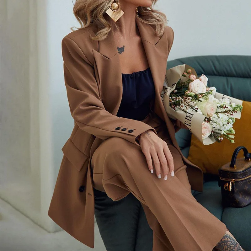 

Женский офисный костюм из двух предметов, однотонный блейзер с отложным воротником и длинным рукавом, весна 2023