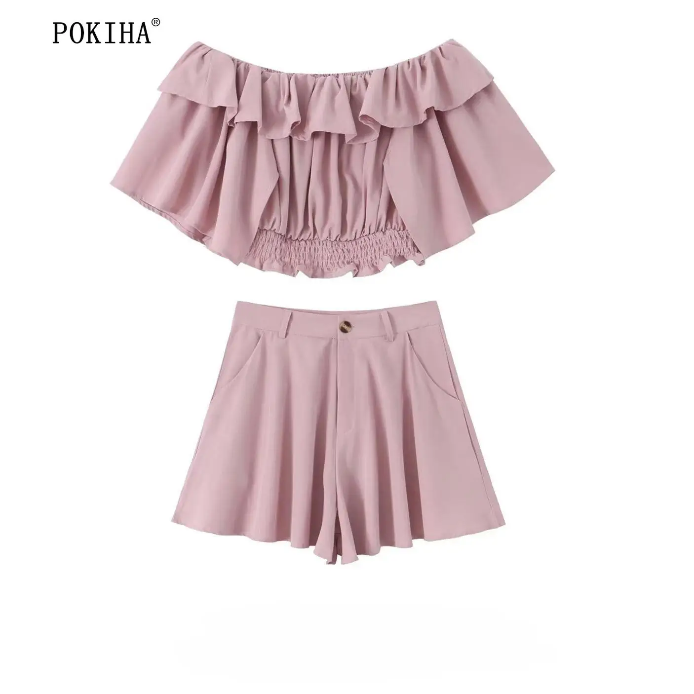 

Pokiha New Fashion Women Pink Off Shoulder With Ruffled Elastic Waist Short Blouse Slim Casual Shorts Chic Female Two Piece Sets