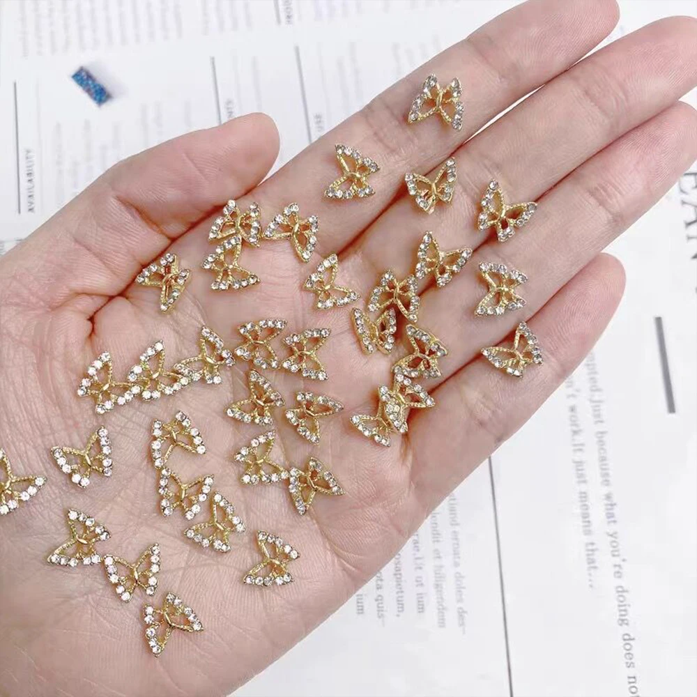 

10Pcs/Lot Nail Hollowed Out Butterfly Jewelrys 3D Gold+Silver Flash Rhinestones Nail Art Decorate Alloy Parts Luxury Nail Charms