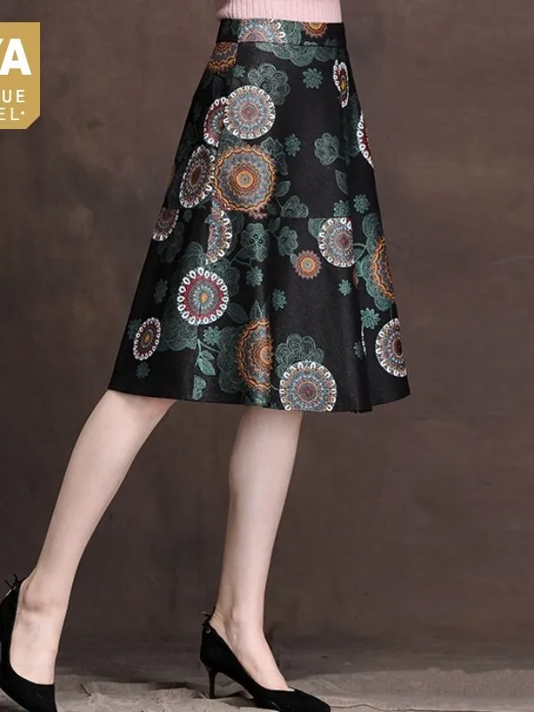 

Real 2023 Spring New Women Leather Flower Printing A-Line Skirts Mid Long Office Lady Genuine Leather Slim Pleated Skirts Female