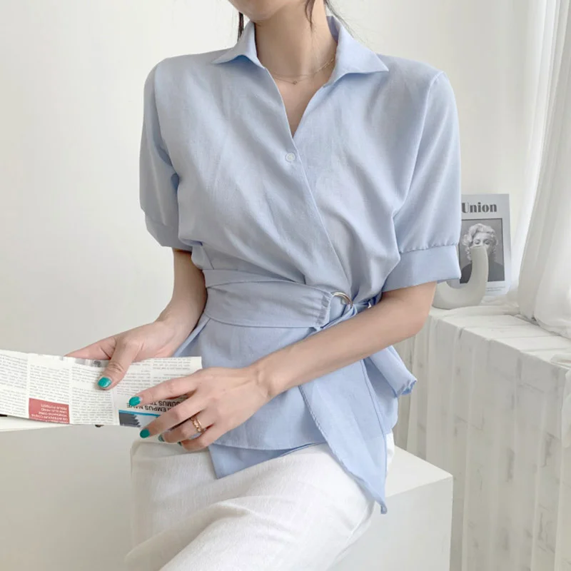 

Solid Color Loose Clothes Summer Short Sleeve V-neck Shirt for Women Elegant Office Lady Ruffles Waistband Blouse Tops 27292