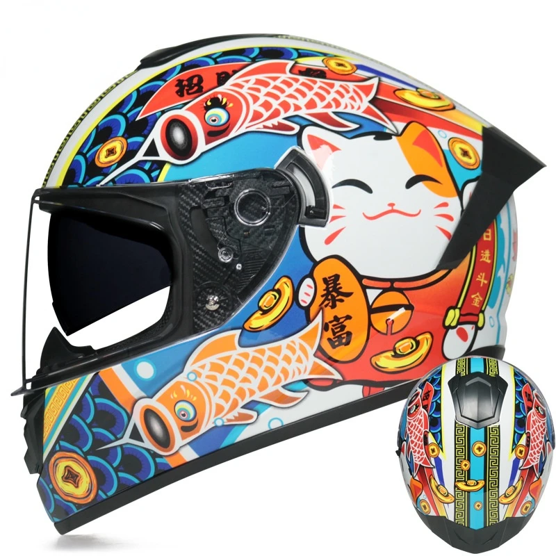 New Double Len Motorcycle Helmet Men Motocross Racer Helmet Bluetooth Casco Moto DOT Approved Helmet Fortune Cat Cap LVS701