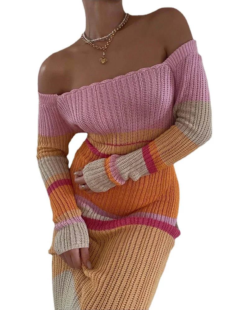 

Женское трикотажное платье макси с открытыми плечами, длинным рукавом и открытыми плечами