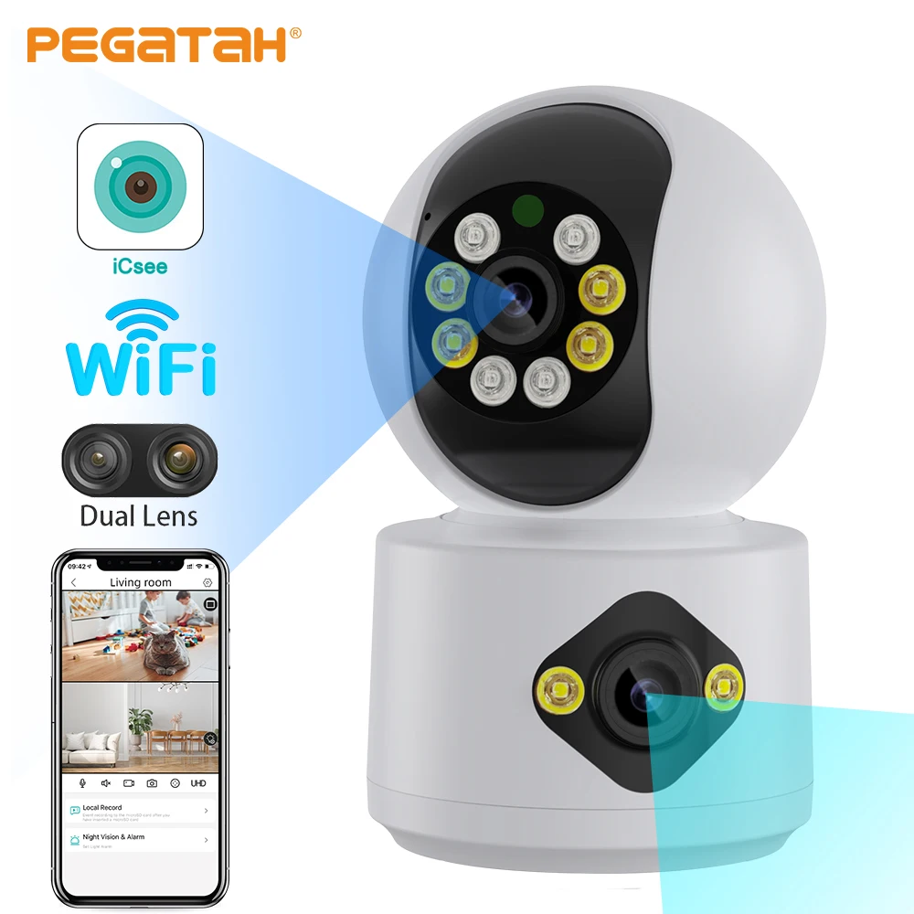 

PEGATAH 4MP WiFi Camera with Dual Screens Baby Monitor Night Vision Indoor PTZ Security Cam Wireless CCTV Surveillance Cameras