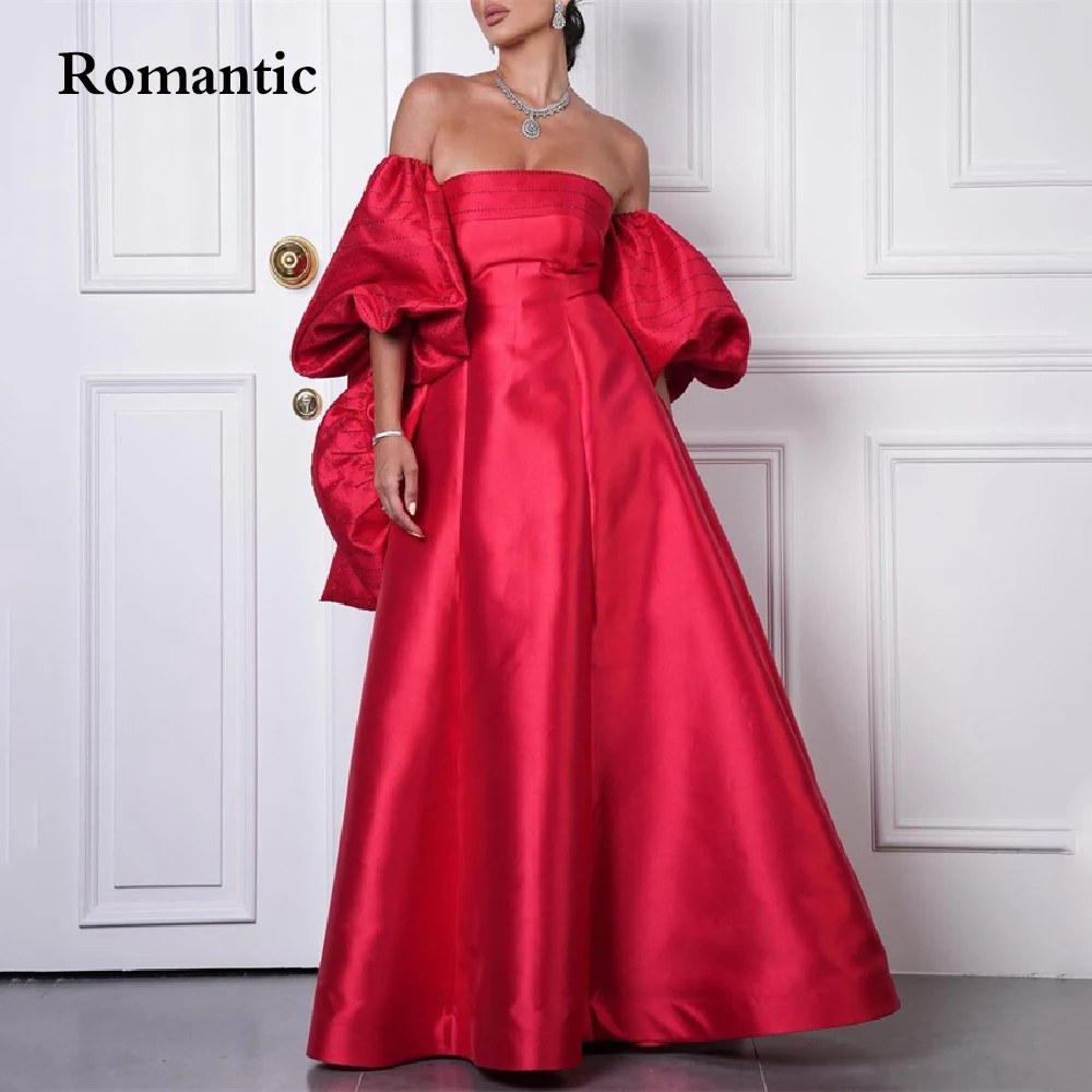 

Romantic Red Satin Silk Evening Dress Off The Shoulder Puff Sleeves Floor Length Long Prom Gowns Square Collar Vestido de festa