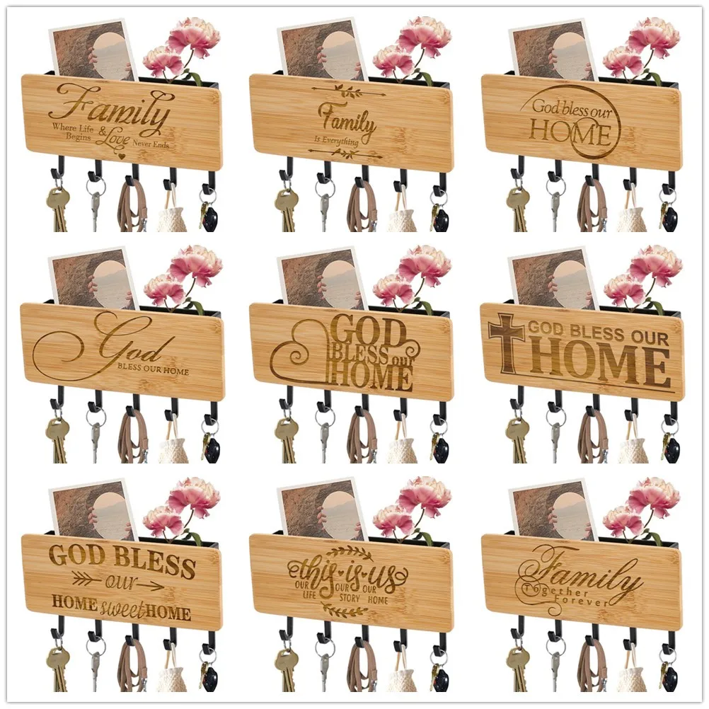 

Family Love Text Engraved Bamboo Wood Keychain Holders Plastic Hooks Key Racks Sundries Storage Wall-Mounted Decor Hanger