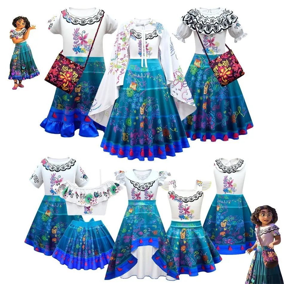 

Disney Encanto Princess Dress Kids Cosplay Mirabel Madrigal Costume Children Embroidered With Flower Carnival Halloween Clothes