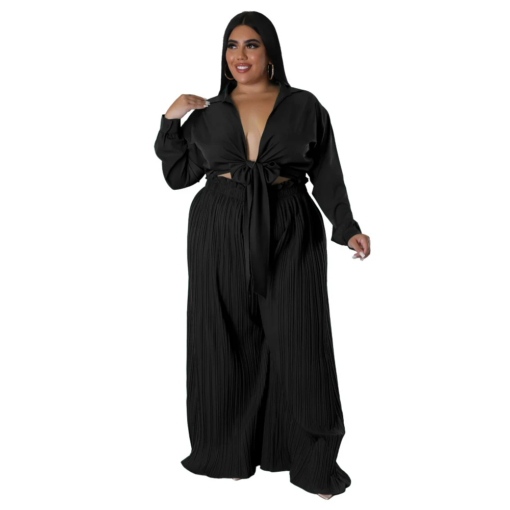 Plus Size Women Clothing Two Piece Sets Outfits Fashion Loose Long Sleeve v Neck Top and Pleated Pant 3xl 4xl 5xl 6xl
