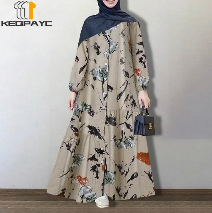 New Muslim Women Dubai Abaya Cotton Linen Long Dress Kaftan Islam Arab Vintage Print Loose Dresses Robe Middle East Eid Clothing