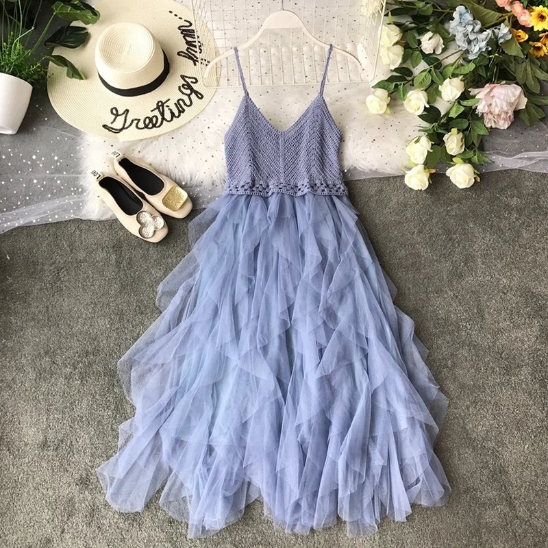 2022 Summer New V-Neck Women Dresses Ruffles Solid Sexy Strap Lady Elegant Knitted Mesh Solid Dresses Top Quality