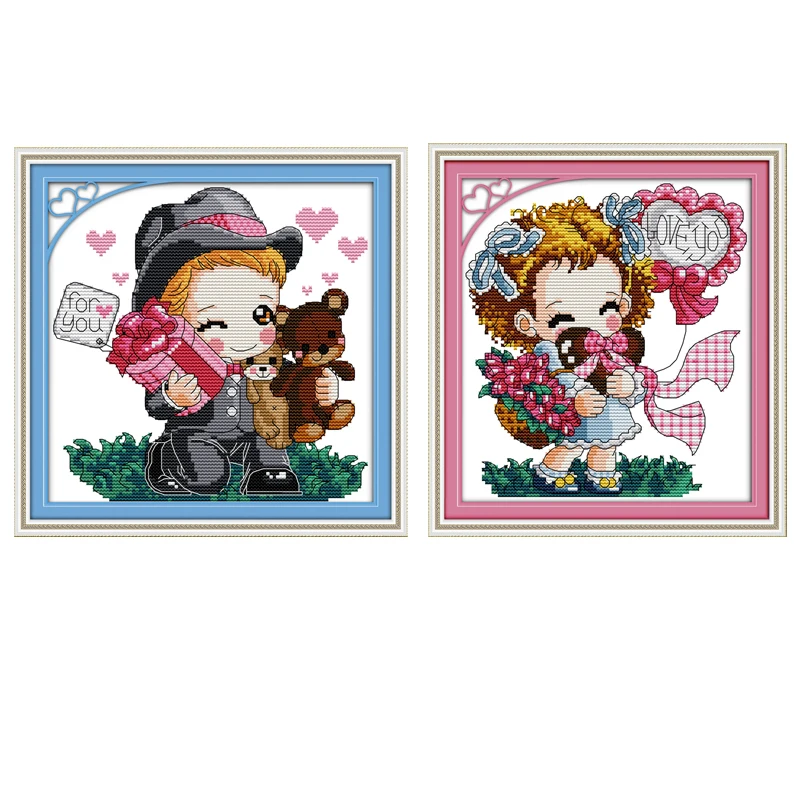 Полный набор для вышивки крестиком с узором счастливый мальчик и девочка