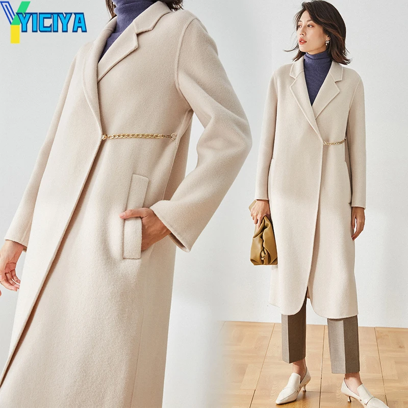 

YICIYA Max Women's Wool Coat Winter Long Coat Womens Thickened Warm Cashmere Coat Women Black Coats Stand Collar Met White Coat
