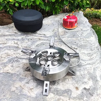 12800W Outdoor Camping Picnic Cooker Five End Stove Hot Stainless Steel Gas Stove Split Windproof Kitchen Gear BBQ