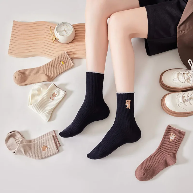 5 Pairs Cute Cartoon Bear Women Socks Spring and Autumn Polyester Cotton Mid-tube Sock Kawaii Korean Japanese Student Girls Sock