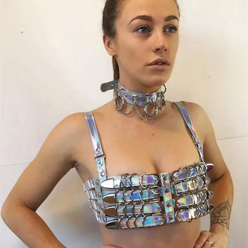 

Laser Hologram Bondage Irricident Rainbow Reflective Sexy Belts Top Club DJ Pipe Dance Punking Cosplay Costumes