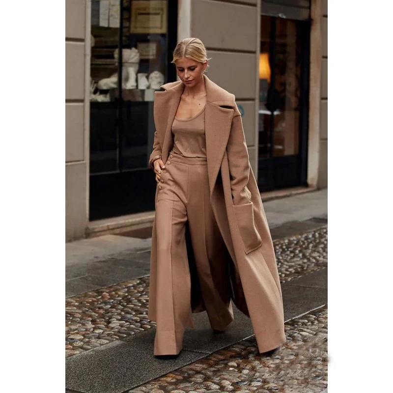 Women's Handsome Autumn And Winter Woolen Coat Two-piece Long Warm Lapel Solid Color Single-breasted Elegant Slim Suit 2022