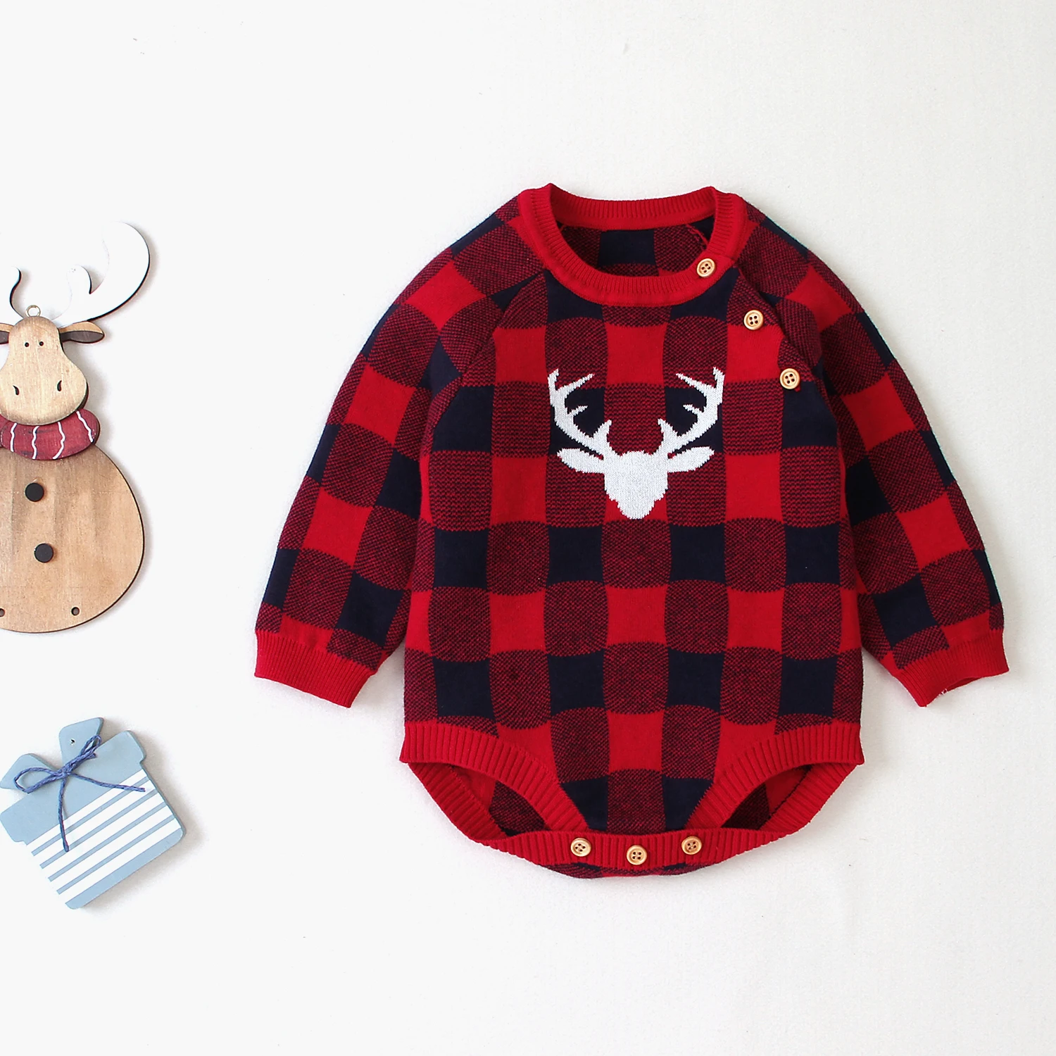 

Newborn Baby Christmas Bodysuits Winter Red Reindeer Knit Infant Kids Boys Girls Onesie Jumpsuits 0-18m Toddler Outwear Costumes