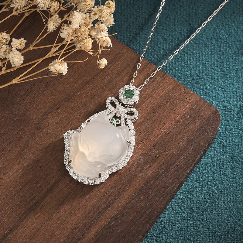 

White Jade Fox Pendant Necklace 925 Silver Jewelry Chalcedony Gemstone Amulet Gemstones Luxury Gift Charms Man Natural
