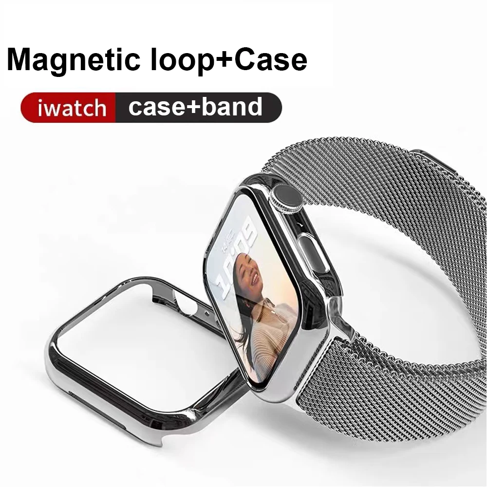Milanese strap+case for Apple watch band 45mm 49mm42mm 41mm44mm40mm MetalMagnetic bracelet correa for iwatch series 8 7 6 SE 5 3