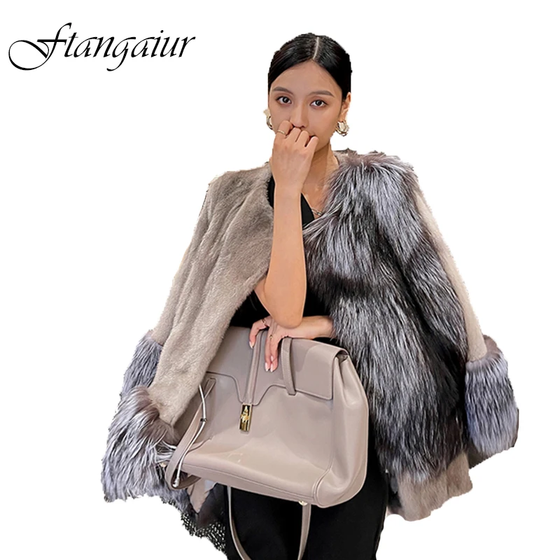 

Ftangaiur Winter Import Purple Standard Velvet Mink Fur Coat Women With Fox Fur Collar Medium Loose Natural Real Mink Fur Coats