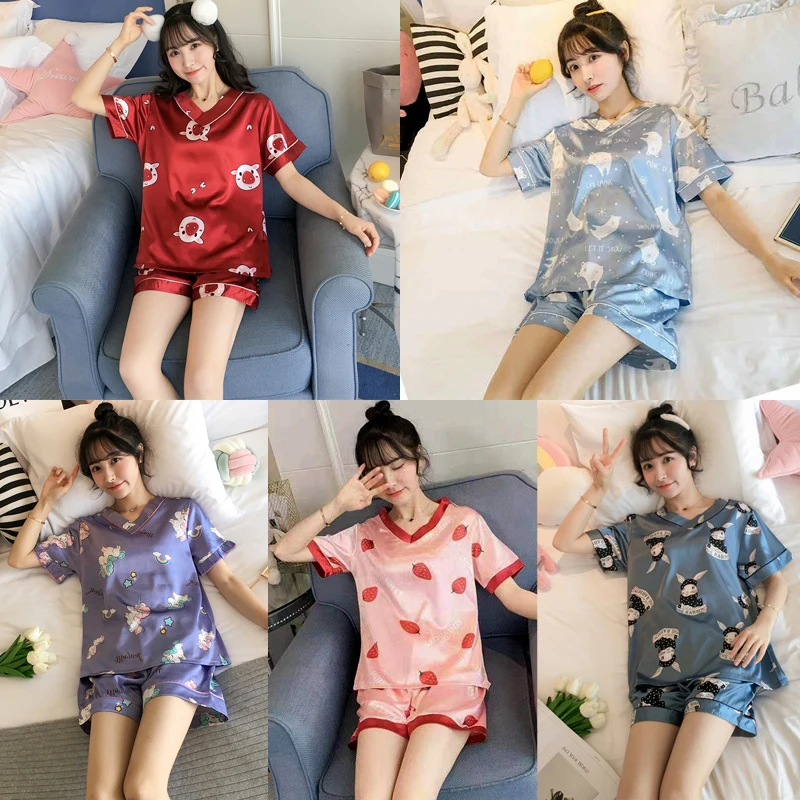 2022 Summer New Summer Women Faux Silk Pajamas Set Simple Pure Color Leisure Nightwear Short Sleeves Sleepwear