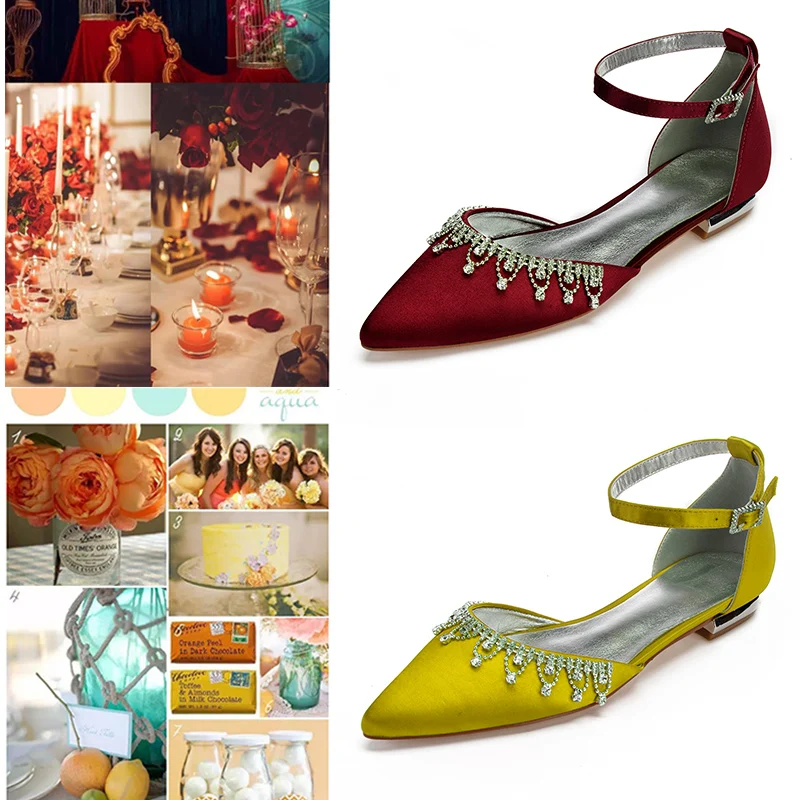 Женские атласные туфли на плоской подошве с ремешком щиколотке и острым носком