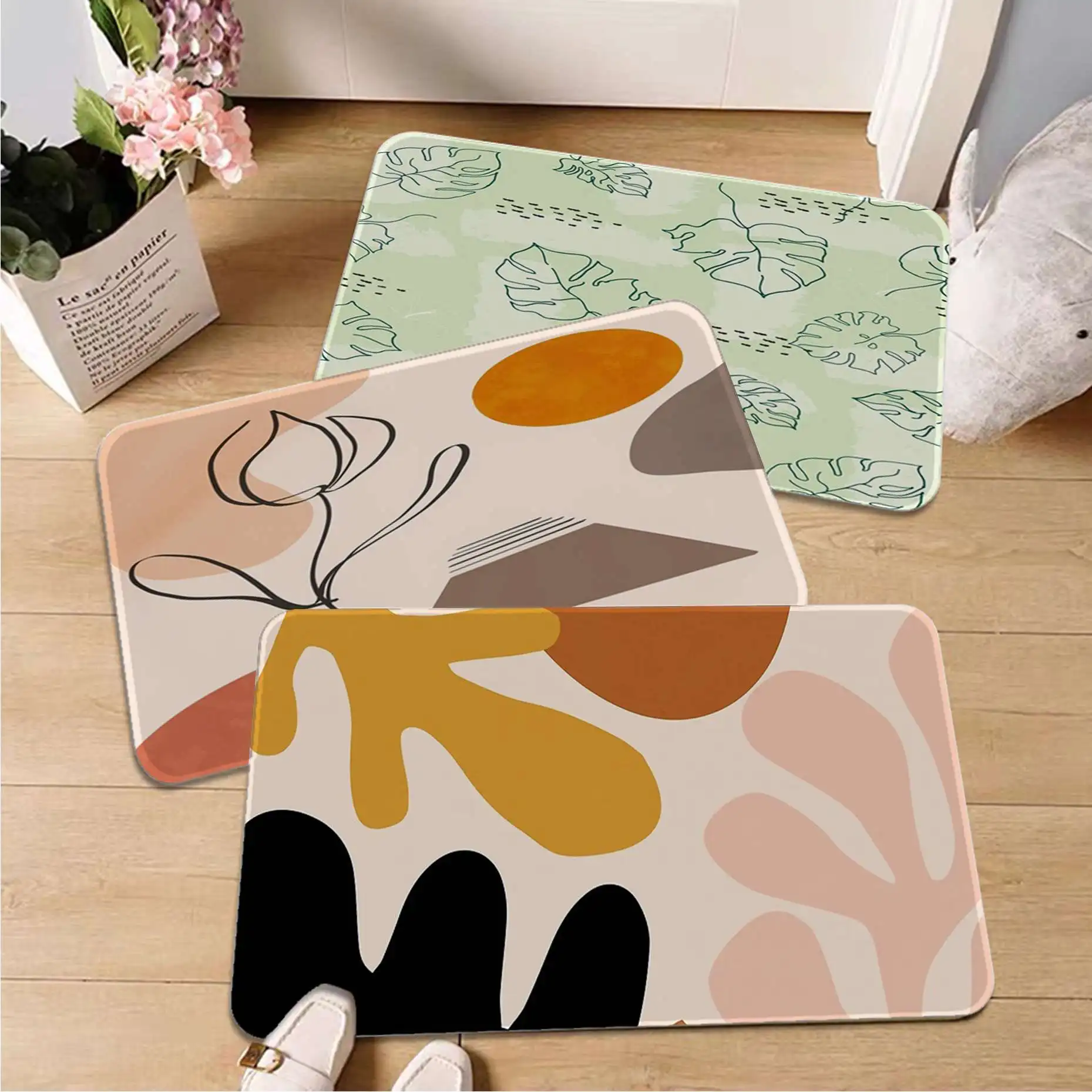 

Art Abstract Geometry Brown Leaf Printed Flannel Floor Mat Bathroom Decor Carpet Non-Slip For Living Room Kitchen Doormat