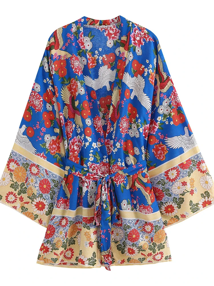 

Fitshinling Print Floral Kimono Women Cover-Ups Swimwear Boho Beach Outfits With Sashes Vintage Cotton Cardigan Female Clothes