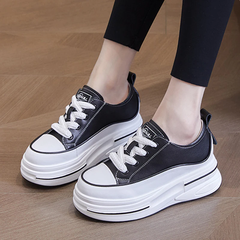 2023 7cm Genuine Leather High Brand Autumn Spring Chunky Sneakers Females Casual Ladies Vulcanize Women Platform Designer Shoes