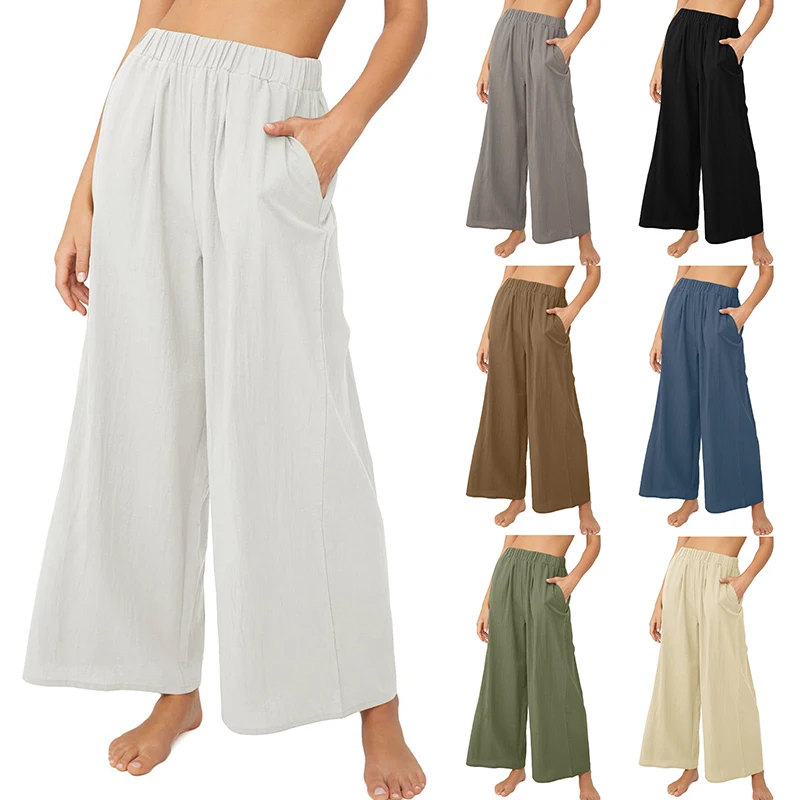 Women Beach Solid High Waist Loose Long Trousers Wide Leg Pants with Pocket Cotton Linen Leisure Spring Summer 2023 Fashion