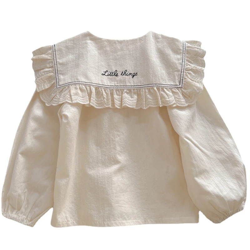 

HoneyCherry Girls Lace Shirts New Women's Round Collar Cute Cotton White Shirts Kids Blouse