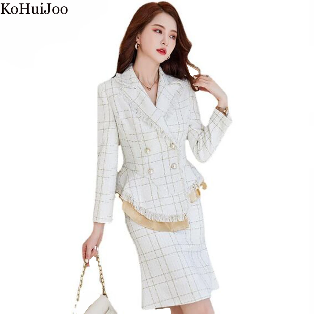 KoHuiJoo Tweed Woolen Set Women 2 Pieces Elegants 2022 Autumn Ruffle Color Contrast Tassel Plaid Blazer Skirt Set Korean Style