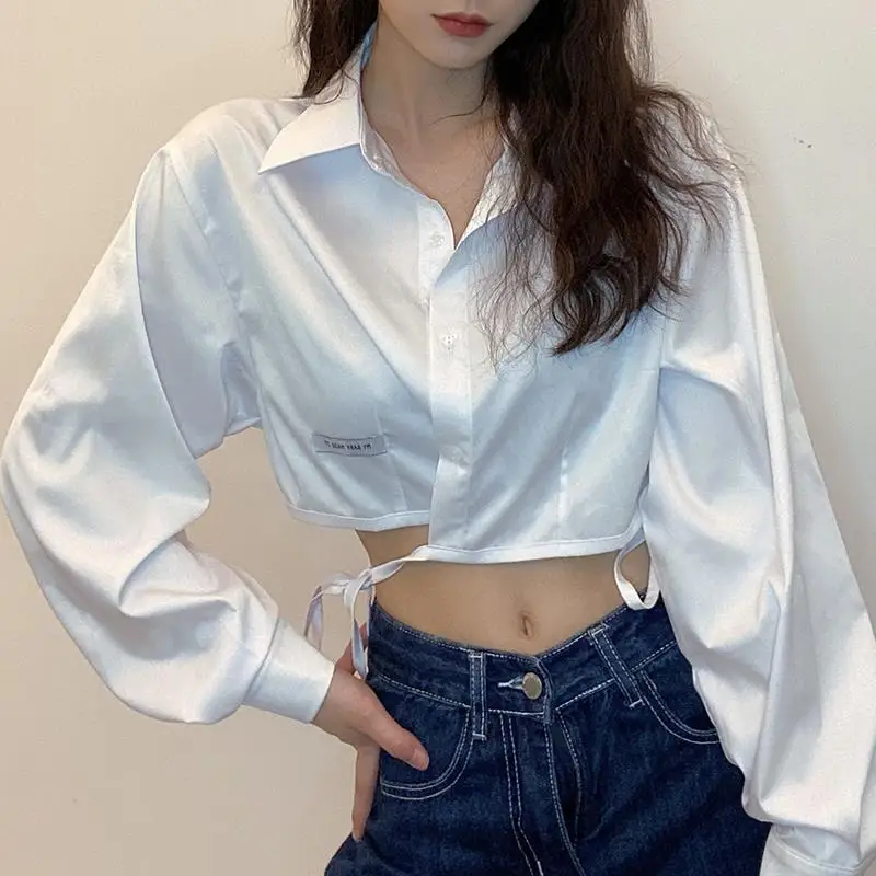 Deeptown White Women Blouses Harajuku Sexy Korean Fashion Asymmetrical Shirt Hippie Chic Female Kpop Cropped Top Y2k Streetwear