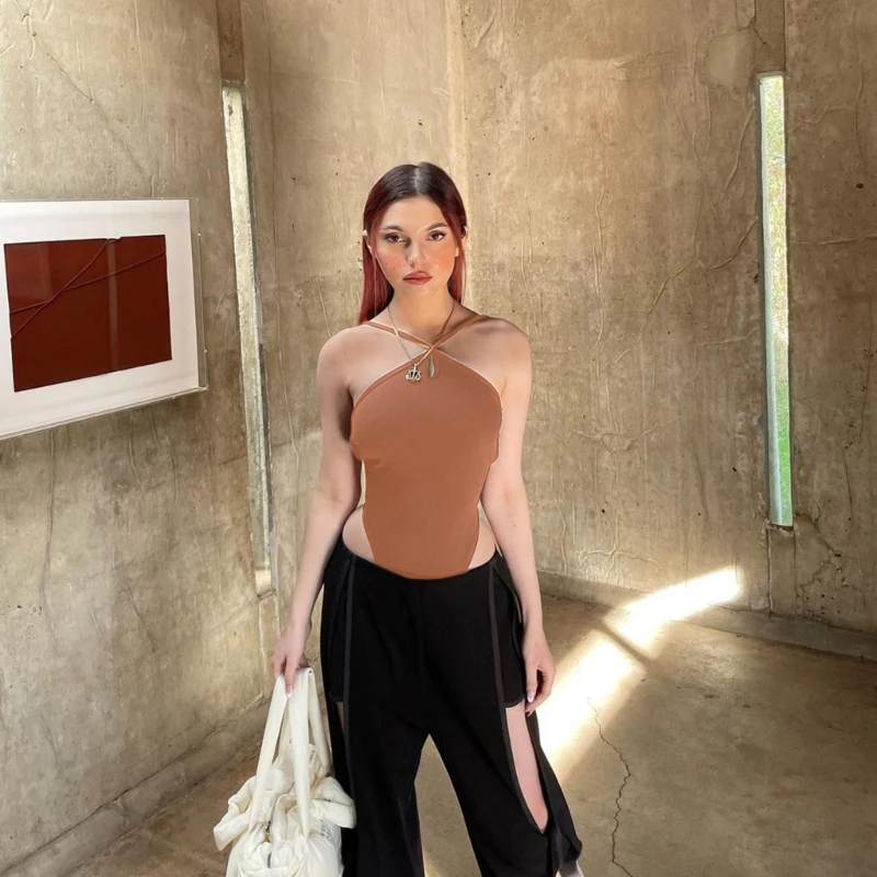 

H9ED Women Sexy Sleeveless Halter Strappy Cami Bodysuit Top Crisscross Backless Spaghetti Strap Solid Color Bodycon Jumpsuits