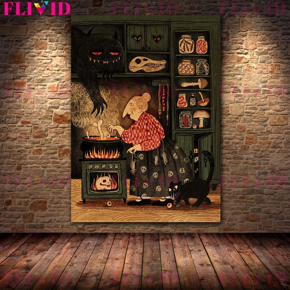 Настенная картина ведьмы в черном магическом классе, холст, картина, обевечерние вечеринка для бабушки, ведьмы, художественный постер и печать, домашний декор без рамки