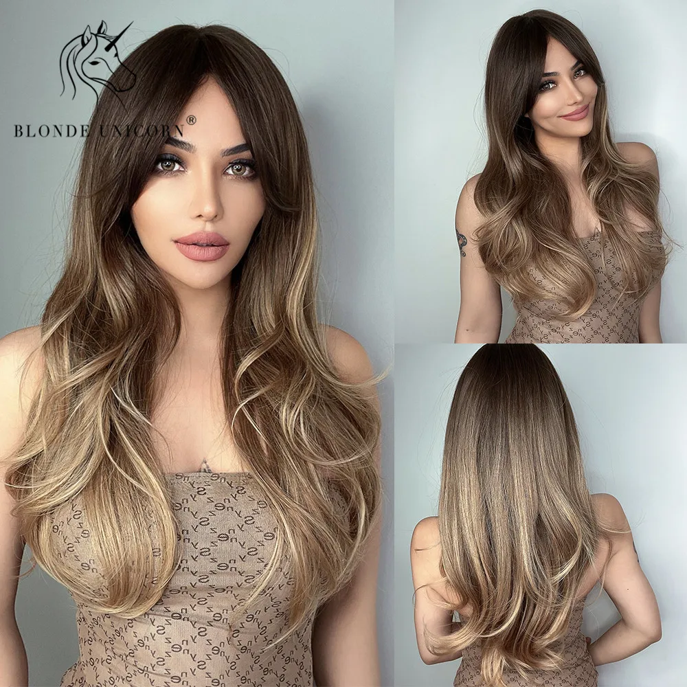 Синтетический длинный волнистый парик блонд единорог Омбре коричневый для