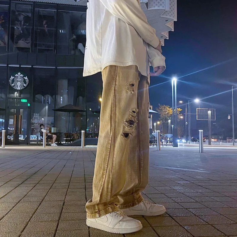 Summer Ripped Baggy Jeans Men's Fashion Casual Straight Jeans Men Streetwear Loose Hip Hop Hole Denim Pants Mens Trousers M-3XL