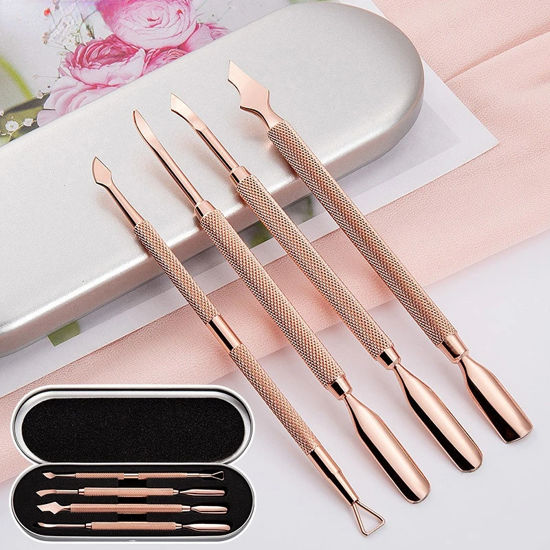 

4pcs/set Rose Gold Nail Art Double-headed Steel Push Nail Remover Boxed Clean Nail Polish Remover Dead Skin Push Manicure Tool