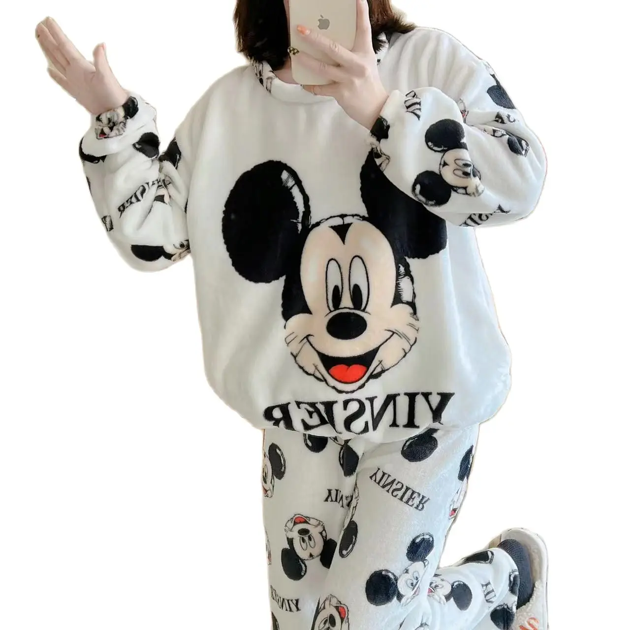 Disney Mickey Mouse Pajamas Set for Ladies Students Autumn Winter Warm Thicken Loose Sleepwear Set Coral Velvet Home Clothes