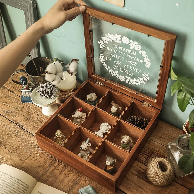 

Wooden Nine-grid Retro Hand shelf Cosmetics Storages Box Model Display Rack Blind Desktop Storage Case