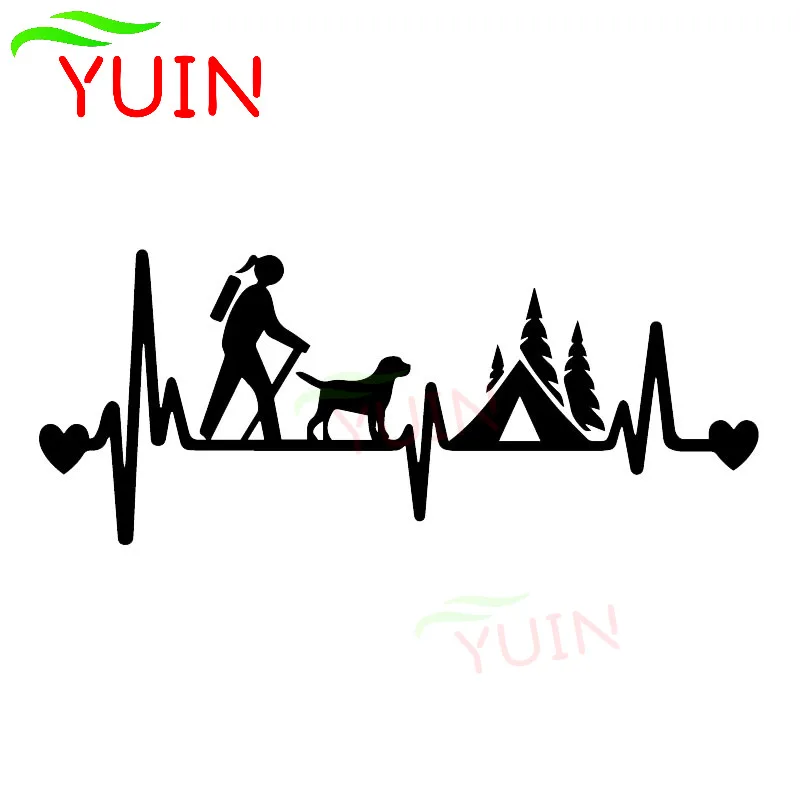 

Girl Hiker & Dog Camper Tent Heartbeat Lifeline Sticker Fashion PVC Waterproof Sunscreen Decal Black/White/Red/Laser/Silver