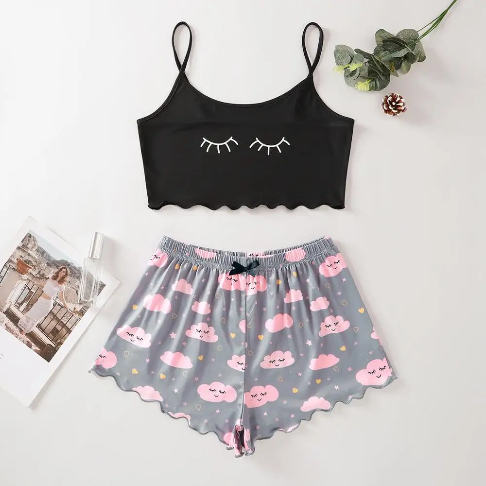 

Cartoon Print Jacket and Lovely Cloud Print Shorts Home Pajama Set Fashion Sexy Home Women's Underwear Pajamas Set