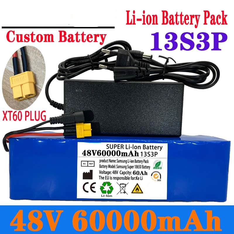 

54.6V Electric Bicycle Lithium Ion Battery 13S3P 48V 60000Mah 60Ah 1000W For E-Bike Scooter With BMS Charger