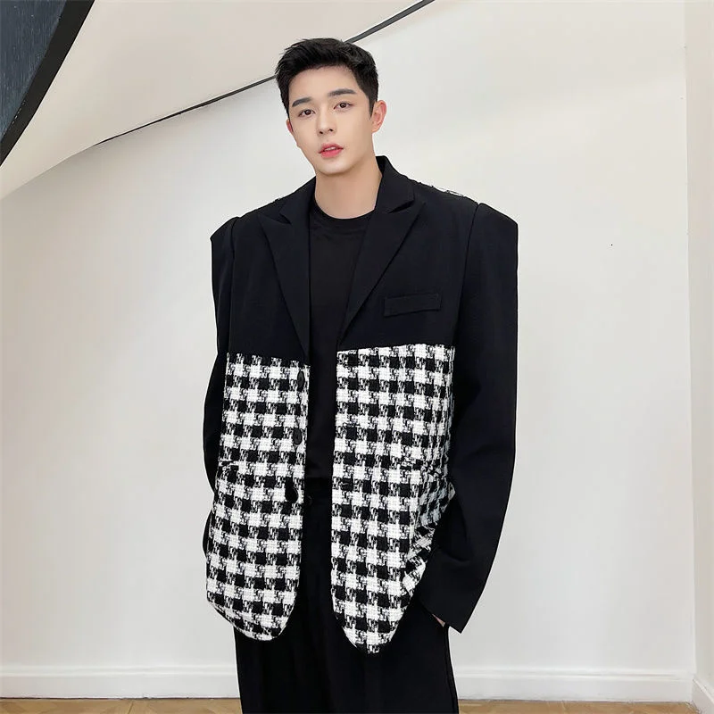 Trend Korean Men's Color Block Patchwork Pliad Suit Coat 2022 New Light Luxury Streetwear Oversize Spring Blazzer Chic 2722