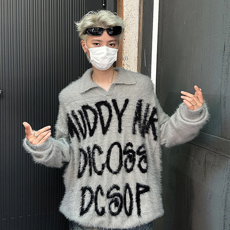 FEWQ Американский контрастный цветной норковый мех мужской свитер с надписью