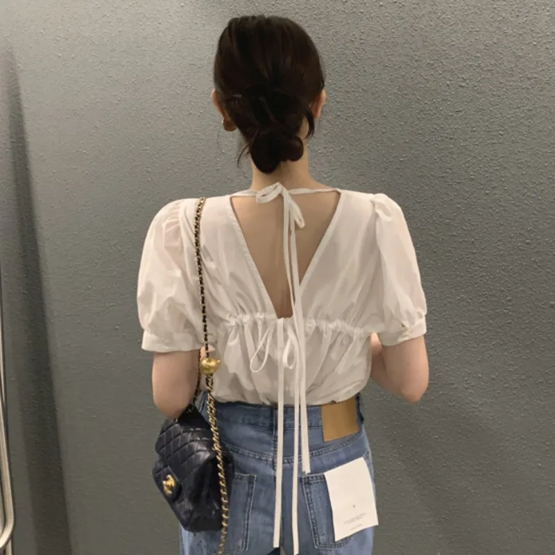 

Корейская шикарная летняя блузка с коротким рукавом, Женская белая рубашка, подчеркивающая возраст, в стиле ретро, повседневный шикарный же...