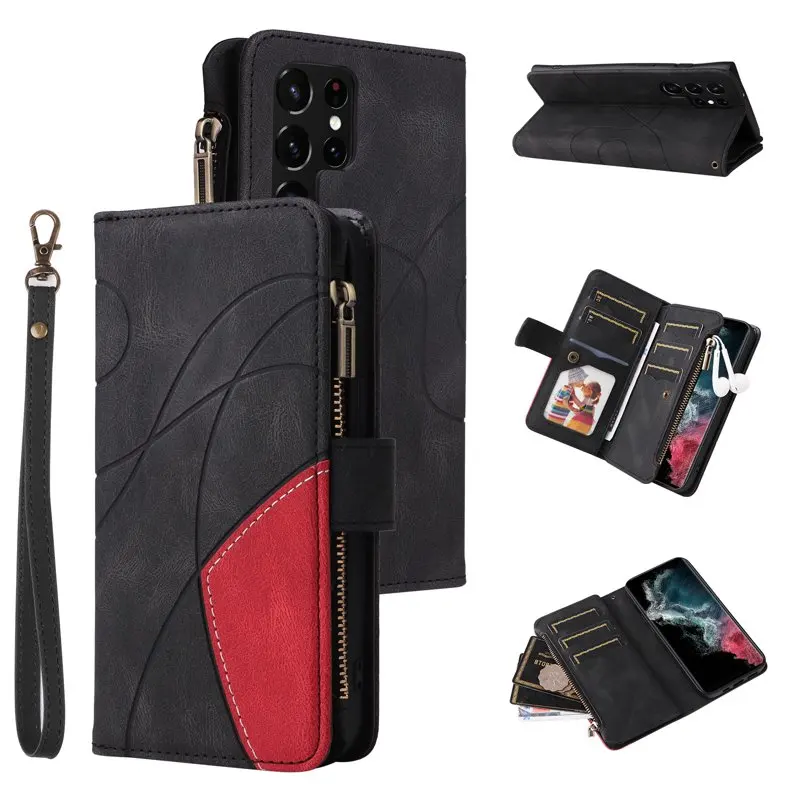 

for Wallet Case, Premium PU TPU Shockproof Folio Flip Stand Cover with Wrist Strap Card Slots Wallet Pocket Zip Purse Phone Ca