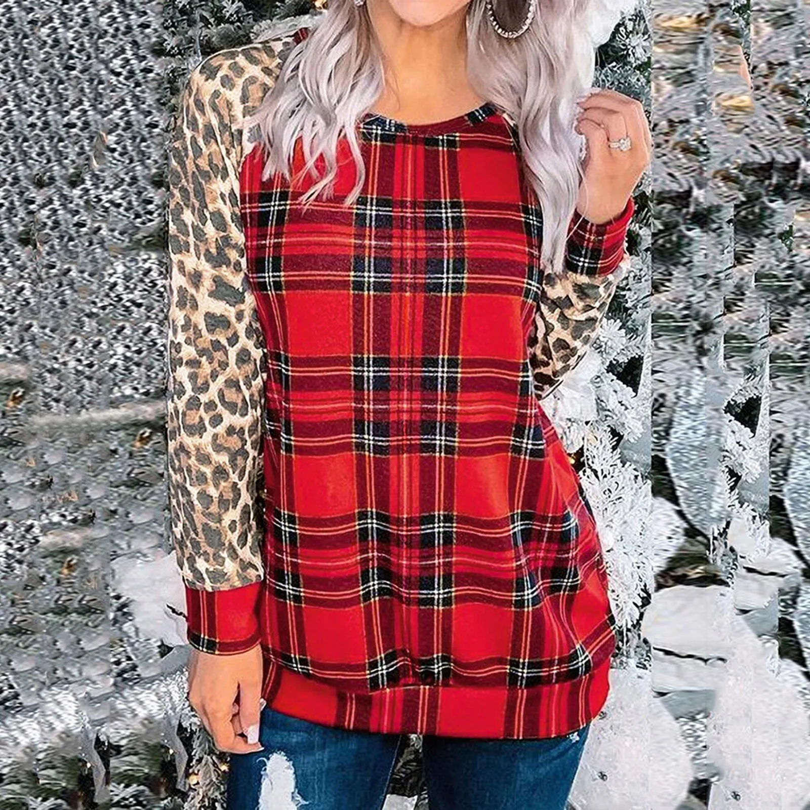 

Women's Plaid Sweatshirt Long Sleeve Round Neck Casual Loose Tops Shirts Top Womens Size Large Womens Workout Long Sleeve