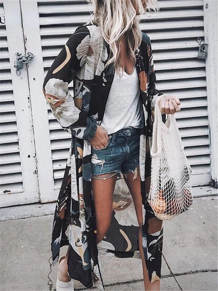 

Boho Cover Up Woman Sexy Long Sleeve Chiffon Print Beach Bathrobe Cape 2022 Summer Cardigan Bathing Suit Beachwear Woman Clothes